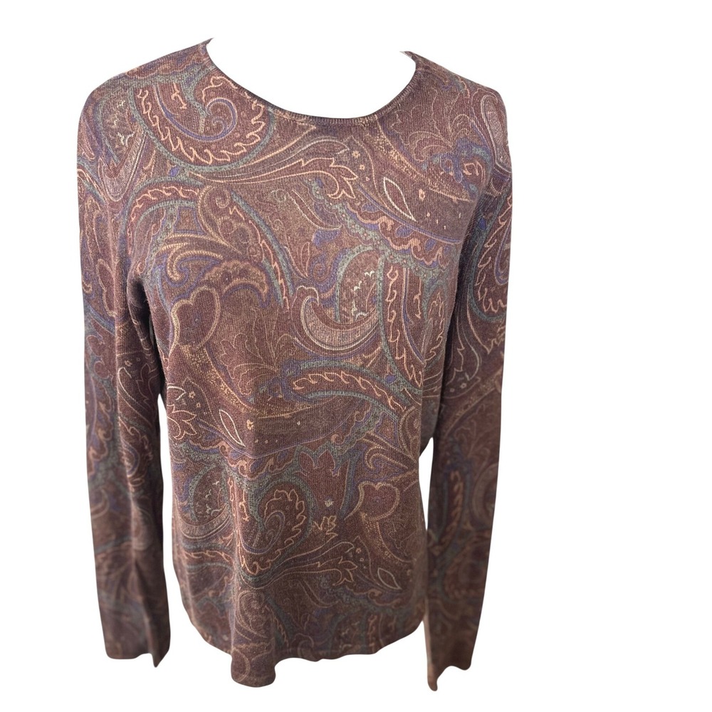 Lauren Ralph Lauren VTGE Silk SZLGE Brown Paisley Print Long Sleeve Knit Sweater